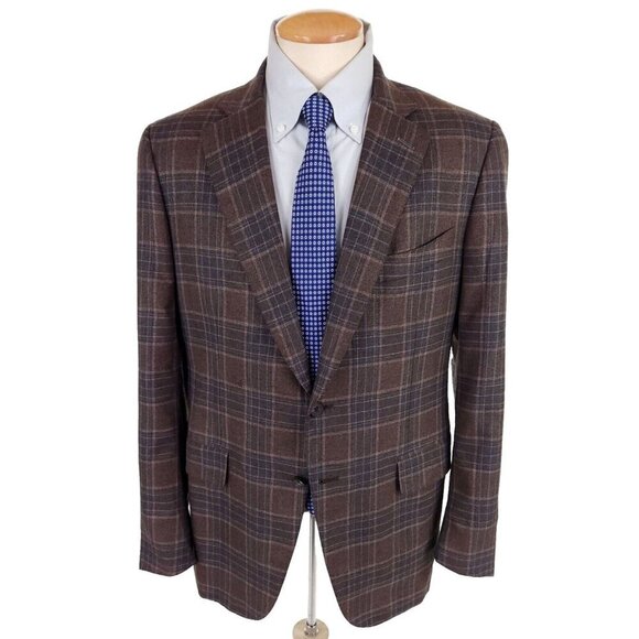 Isaia Gregory Silk Cashmere Plaid Blazer Size 54 US 44 Reg Mens Brown Blue - Picture 1 of 16